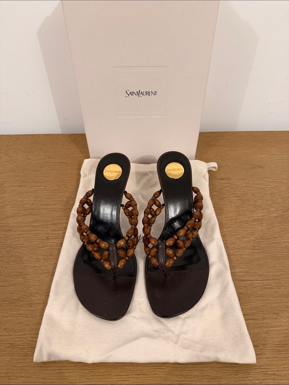 Saint Laurent Brown Beaded Leather Thong Sandals